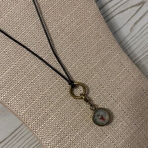 Vintage Fossil Compass Pendant Necklace with Black Cord